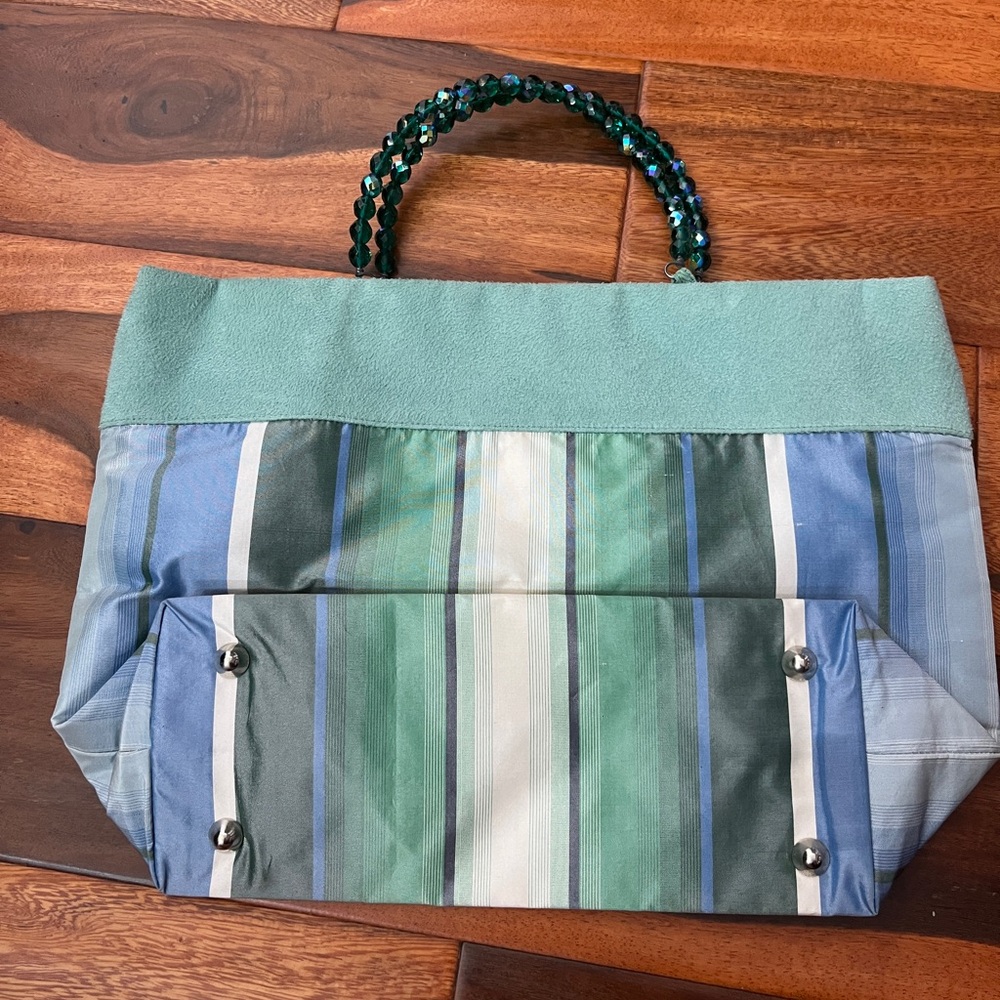 Striped Green Blue Ivory Large Silk+Suede Handbag w/ Czech glass beaded handles